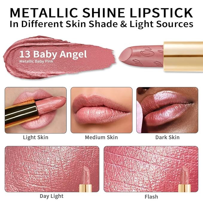 Oulac Light Pink Lipstick for Women with Metallic 3D Shine Lightweight Hydrating Formula, High Impact Lip Color, Vegan Beauty, Full Coverage Lip Makeup, Christmas Gifts for Women, Baby Angel(13)-Velvo Beauty
