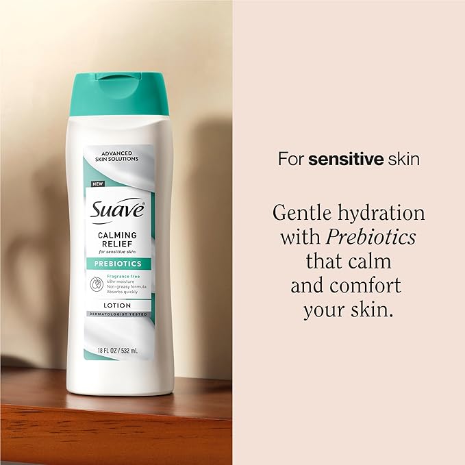 Suave Calming Relief Hand & Body Lotion for Women With Prebiotics For Sensitive Skin, Fragrance & Allergen Free, Helps Restore Skin's Moisture Barrier, 18 FL OZ, 6 Pack-Velvo Beauty