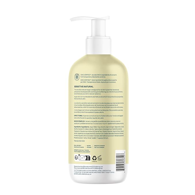 ATTITUDE Body Lotion for Sensitive Skin with Oat, EWG Verified, Dermatologically Tested, Vegan, Argan Oil, 16 Fl Oz-Velvo Beauty
