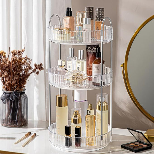360° Rotating Makeup Organizer for Vanity, Spinning Cosmetics Organizer Holder Rack, Large Capacity Bathroom Organizer Countertop, Fits Perfume, SkinCare, Makeup Brushes 3 Tiers, Transparent-Velvo Beauty