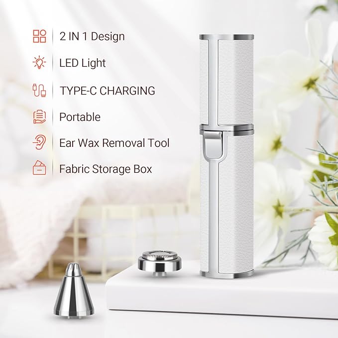 Nose Hair Trimmer for Women Men, Electric 2 in 1 Face Shaver and Eyebrow Trimmer, White Rechargeable Facial Hair Remover with Built-in LED Light-Velvo Beauty