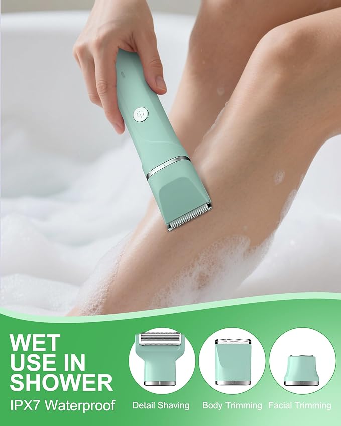 Bikini Trimmer for Women - 3 in 1 IPX7 Waterproof Electric Razors for Women,Body Pubic Hair Electric Shaver for Womens & Facial Hair Remover,Rechargeable Wet/Dry for Body,Underarm,Leg(Mint Green)-Velvo Beauty