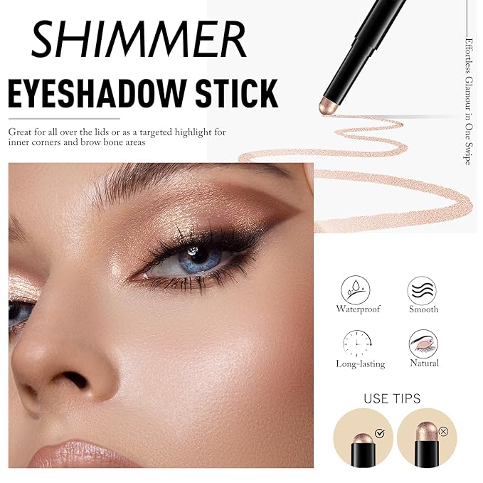 Cocoa Brown Shimmer Eyeshadow Stick, Waterproof Cream Eye Shadow Pencil Long-Lasting Crease-Proof Glitter Eyeshadow Crayon Smooth High Pigmented Highlighter Neutral Eye Shadow Liner Makeup-Velvo Beauty