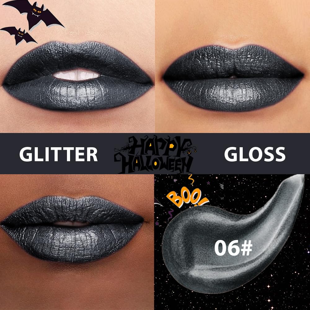 Gray Black Metallic Lipstick for Women,Glitter Sparkling Liquid Lipstick,Long Lasting Waterproof Lightweight Comfortable Non-Drying Bold Dark Lip Gloss for Gothic Stage Makeup,Vegan-Velvo Beauty