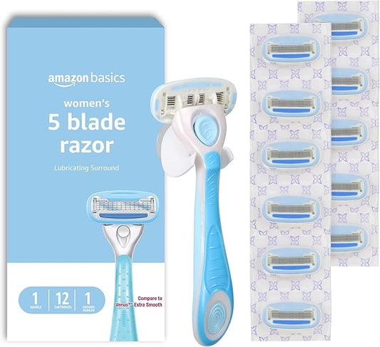 Amazon Basics 5-Blade Razor Handle for Women, Includes 12 Cartridges and Shower Hanger, 14 Piece Set, Blue-Velvo Beauty
