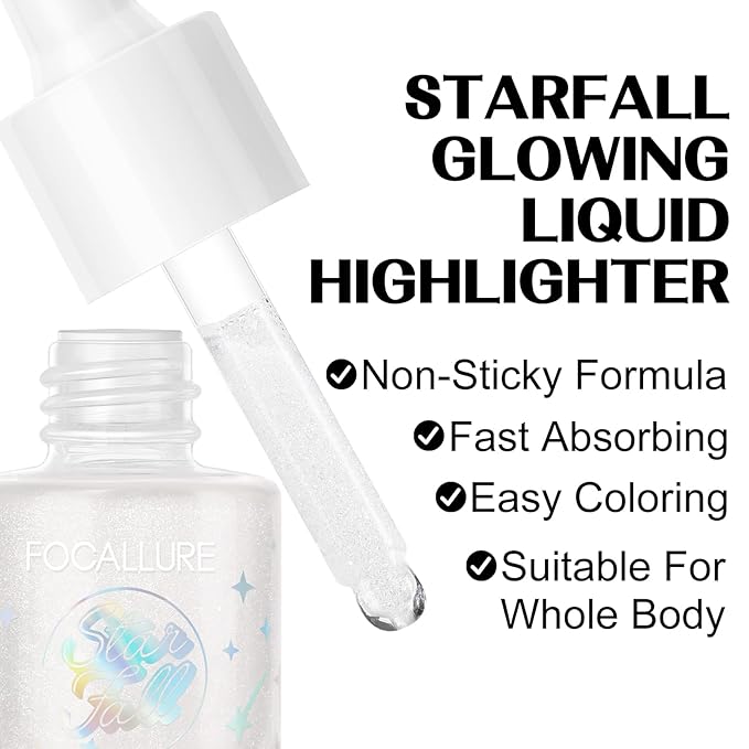 FOCALLURE Starfall Glowing Liquid Highlighter, Shimmering Body Oil, Non-Sticky Shimmer Liquid Luminizer, Non-Greasy, Face & Body Glitter Makeup for Costumes, Cosplay, Rave Festival, MOON CHILD-Velvo Beauty