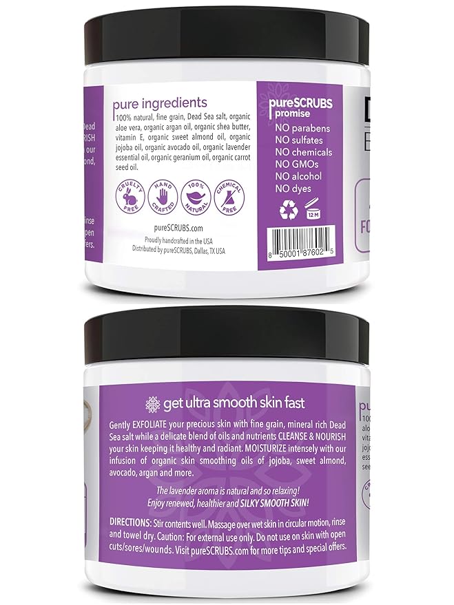 pureSCRUBS Premium Lavender Body Scrub Set - Large 16oz Dead Sea Salt Body Scrub With Infused Essential Oils & Nutrients, Includes Wooden Spoon, Loofah & Oatmeal Exfoliating Bar Soap-Velvo Beauty