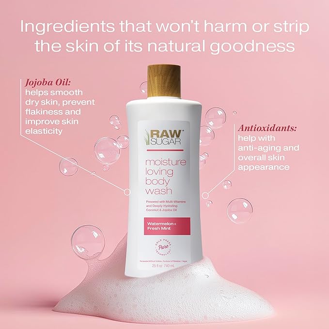 RAW SUGAR Moisture Loving Body Wash - Watermelon + Fresh Mint, Moisturizing & Refreshing Bath & Shower Gel, Sulfate-Free, Paraben-Free & Vegan (Pack of 3)-Velvo Beauty
