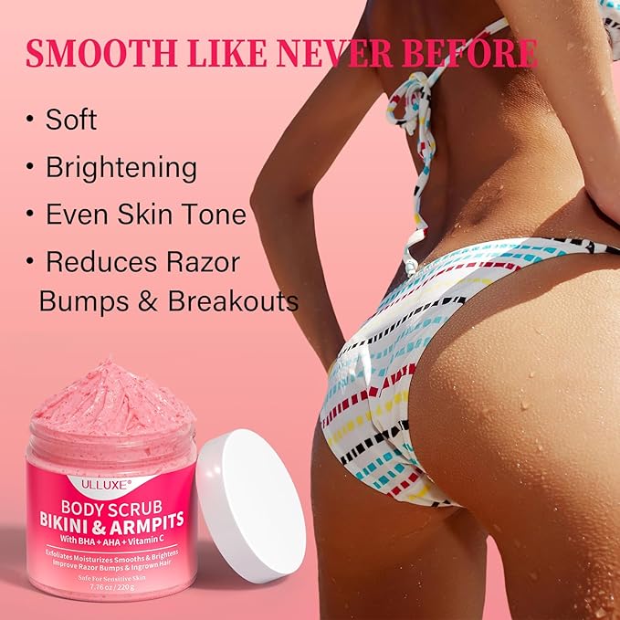 Bikini Area Exfoliator with 10% AHAs BHA & Vitamin C, Exfoliating Body Scrub for Ingrown Hair and Underarm Bumps, Dark Spots, Moisturize Brighten Soothe & Even Skin Tone, Sensitive Skin Safe, 7.76 oz-Velvo Beauty