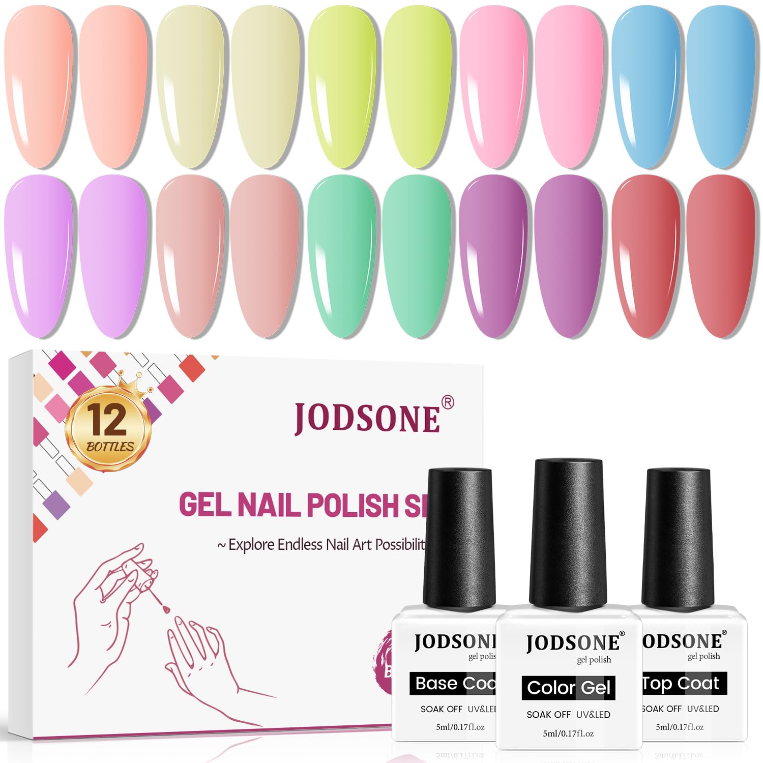 JODSONE 12 Bottles of Gel Nail Polish Set Glossy Top Coat Base Coat Gel Polish Ideal for Holiday Gift Giving-Velvo Beauty