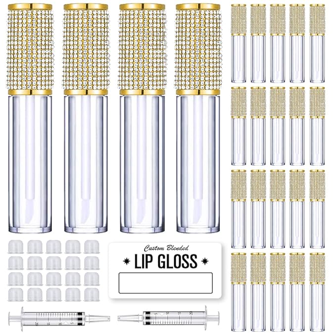 AMORIX 24 Pack Gold Crystal Lip Gloss Tubes with Wand 5ml Empty Lip Gloss Containers Lipgloss Bottles with Stoppers 2pcs Syringes + Labels for DIY Lip Gloss Balm-Velvo Beauty