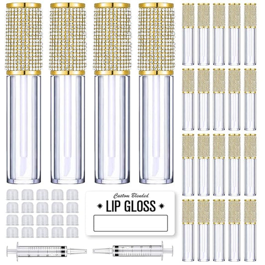 AMORIX 24 Pack Gold Crystal Lip Gloss Tubes with Wand 5ml Empty Lip Gloss Containers Lipgloss Bottles with Stoppers 2pcs Syringes + Labels for DIY Lip Gloss Balm-Velvo Beauty