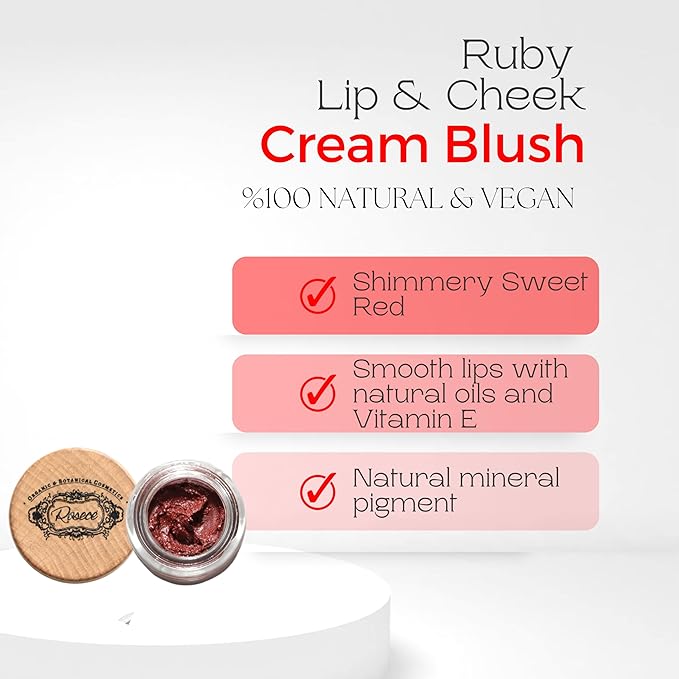2-in-1 Cream Cheek Blush + Lip Color | Natural Mineral pigment | Soft Lips with natural oils and Vitamin E | 100% Plant ingredients, Vegan (Sweet RED/Shimmery-RUBY, 0.25fl oz)-Velvo Beauty