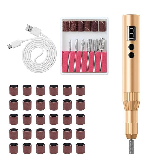 Electric Nail Drill Professional Machine Efile Manicure Pedicure Tools Portable File for Acrylic Gel Dip Powder Nails Salon Use Manicure Pedicure Nail Supplies (Gold)-Velvo Beauty
