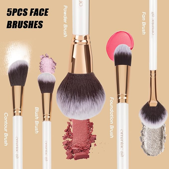 OMANIAC Makeup Brush Set Professional, 12 Pearlescent Wood Handle Makeup Brushes, Premium Cruelty-Free Synthetic Fiber Hair, Travel Make up Brushes Set with Case (White).-Velvo Beauty