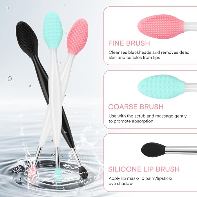 Unaone Lip Scrub Brush - 3 PCS Dual-ended Lip Scrubber Exfoliator and Silicone Lip Brush, 2-in-1 Silicone Lip Scrub Tool Lip Mask Applicator, Gentle Exfoliator & Applicator for Soft-Velvo Beauty