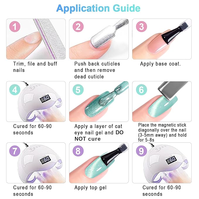 RARJSM Glass Jelly Cat Eye Gel Nail Polish Set 6pcs Reflective Sparkly Diamond Glitter Nude Pink Lake Blue Green Purple Clear Cateye Gelpolish with Magnet Stick 7.5ml Curing Requires for Home Salon-Velvo Beauty