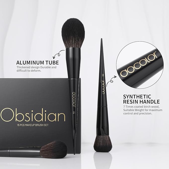 Docolor Makeup Brushes 15Pcs Obsidian Makeup Brush Set Premium Synthetic Powder Kabuki Foundation Contour Blush Concealer Eye Shadow Blending Eyeliner Crease Eyebrow Make Up Brush Kit-Velvo Beauty