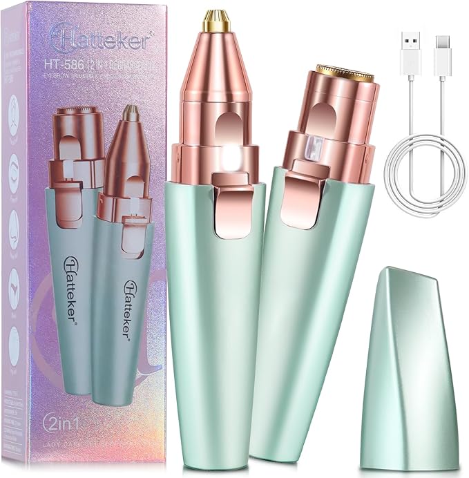 Hatteker Eyebrow Facial Trimmer, 2 in1 Rechargeable Hair Removal and Eyebrow Shaver - Face Lips Body Painless Razor with Built-in LED Light (Green)-Velvo Beauty