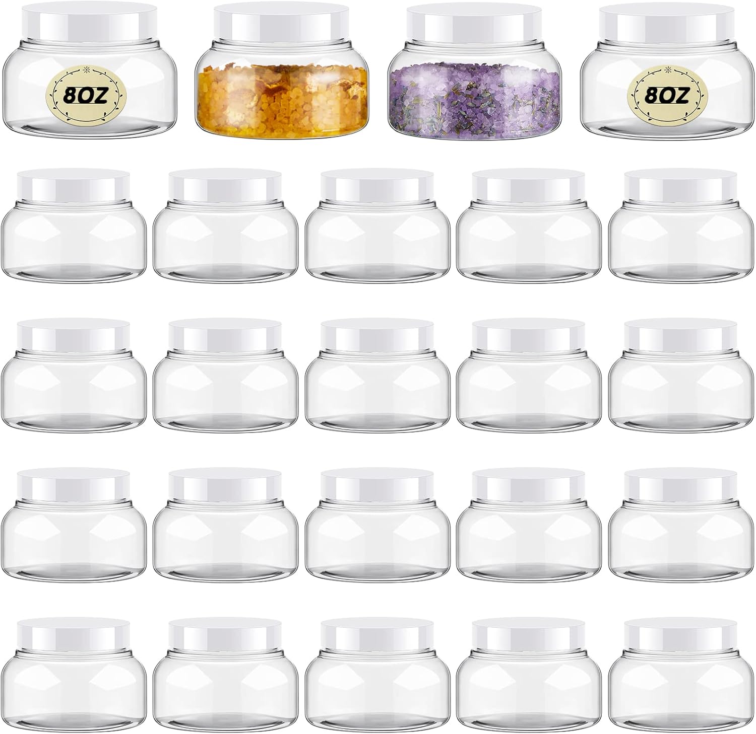 Tessco 24 Pack Plastic Jars with Lids Labels Empty Clear Plastic Jars Round Refillable Cosmetic Containers Body Butter Containers Bulk Sugar Scrub Bottle for Make Up(8 oz,White)-Velvo Beauty