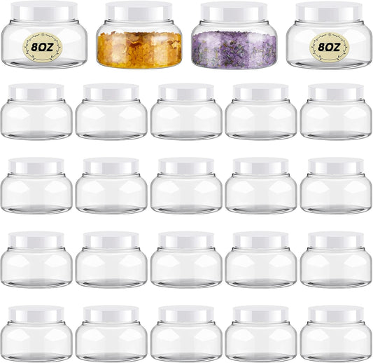 Tessco 24 Pack Plastic Jars with Lids Labels Empty Clear Plastic Jars Round Refillable Cosmetic Containers Body Butter Containers Bulk Sugar Scrub Bottle for Make Up(8 oz,White)-Velvo Beauty