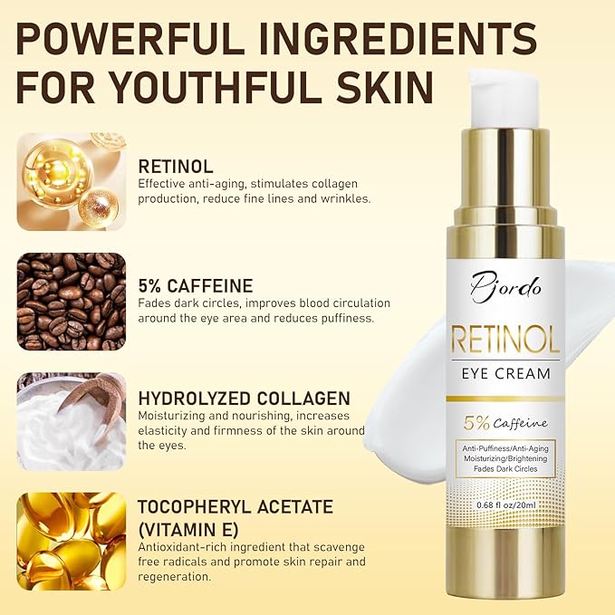 Retinol Eye Cream for Dark Circles Puffiness, Under Eye Cream Anti Aging Eye Cream Reduce Wrinkles & Fine Lines, 5% Caffeine Eye Cream with Eye Massage Wand, Perfect Gifts-Velvo Beauty