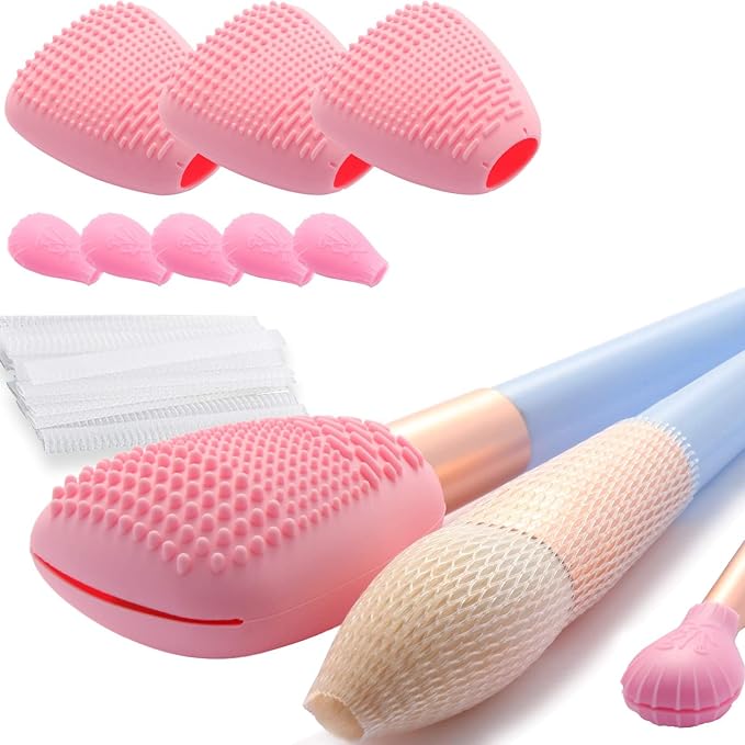 Silicone Travel Make-up Brush Holder with Cleaner Mat Pad, Organizer Case Covers for Foundation Eye Lip Brushes Storage Cleaning, Gift for Women Girl-friend Mother Wife, 3-Pcs Large + 5 Small, Pink-Velvo Beauty