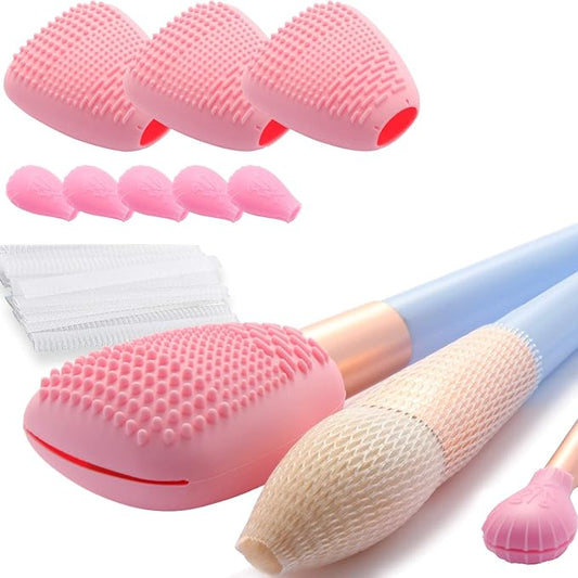 Silicone Travel Make-up Brush Holder with Cleaner Mat Pad, Organizer Case Covers for Foundation Eye Lip Brushes Storage Cleaning, Gift for Women Girl-friend Mother Wife, 3-Pcs Large + 5 Small, Pink-Velvo Beauty