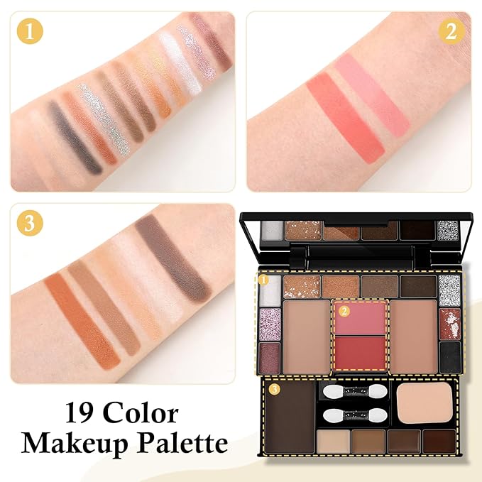 Makeup Palette Set, Makeup Kit for Women, 19 Color Makeup Set Include Matte Glitter Eyeshadow, Contour, Highlighter, Concealer, Eyebrow Powder, Blush, Mirror, Makeup Brush, Sponge-Velvo Beauty
