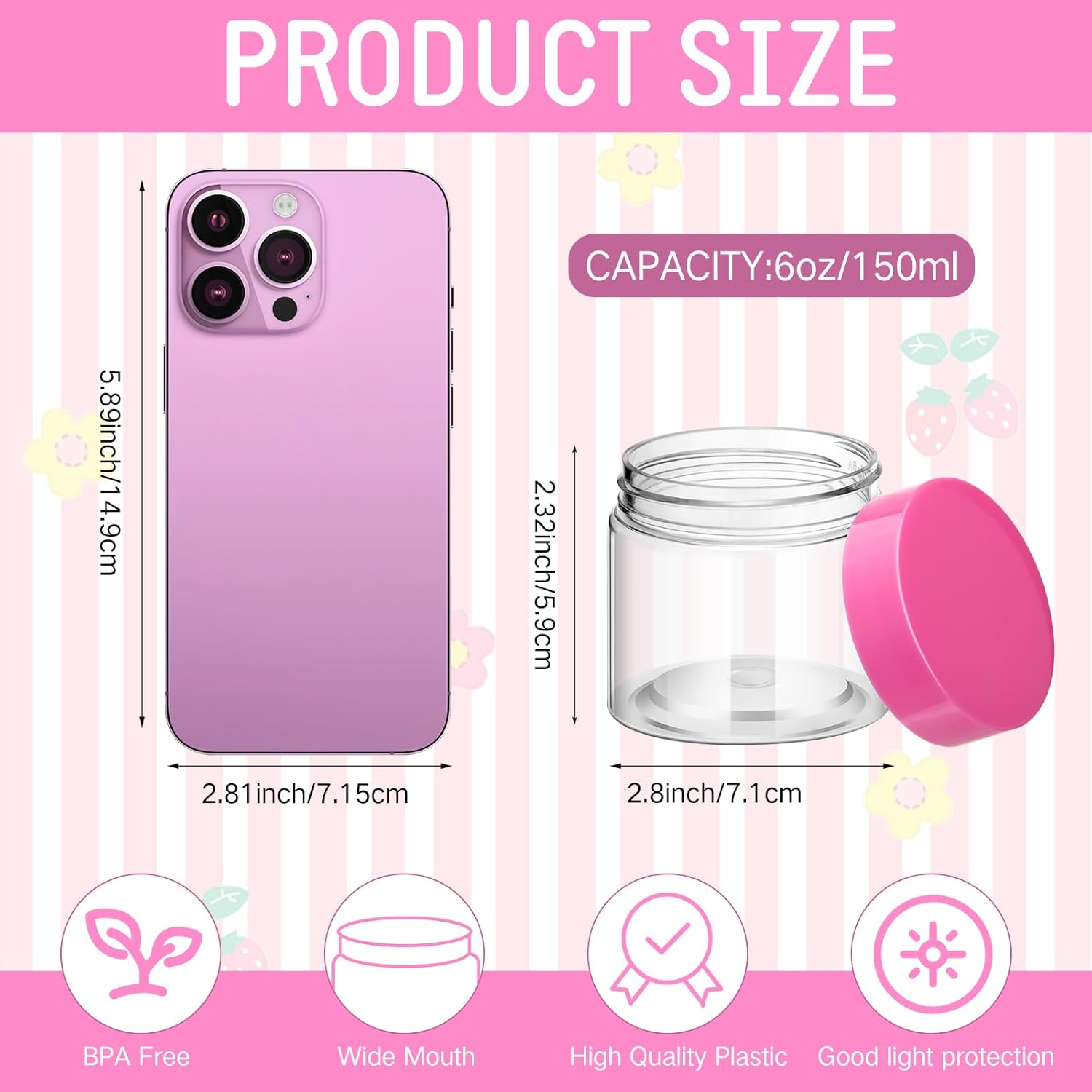 SATINIOR 100 Pcs Plastic Jars with Lids Small Containers Lids Wide Mouth Small Plastic Containers for Lotion Cream Rhinestones Body Butters Travel Storage(6 oz, Pink)-Velvo Beauty