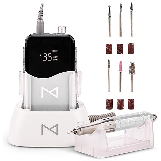 M Mase- Professional Nail Drill Machine - Coreless 2-in-1 Nail File - Electric, Cordless, 35000 RPM, HD Display - Electric Nail Drill for Professional & Home Use (White)-Velvo Beauty