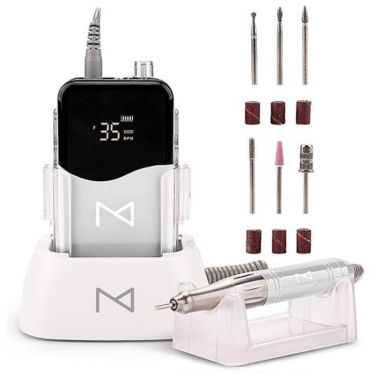 M Mase- Professional Nail Drill Machine - Coreless 2-in-1 Nail File - Electric, Cordless, 35000 RPM, HD Display - Electric Nail Drill for Professional & Home Use (White)-Velvo Beauty