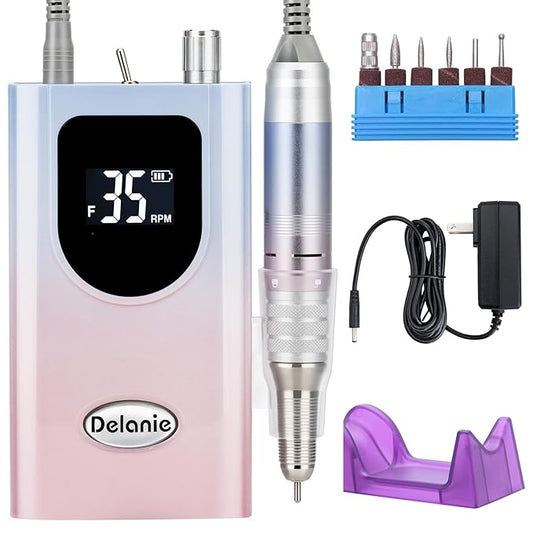 Delanie Professional Nail Drill High Torque 35000 RPM Rechargeable Portable Electric Nail File Filer for Acrylic Gel with Cuticle Bits, Salon Manicure Tool, Gradient Pink-Velvo Beauty