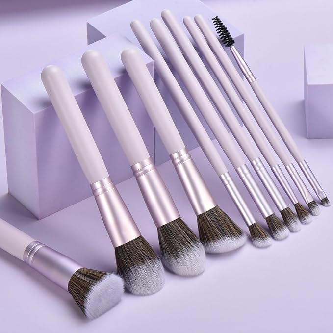10 Piece Purple Makeup Brushes Set and 3 Piece Makeup Sponge - Wooden Handle with Soft Synthetic Bristles, for Face & Eye Makeup | Professional Cosmetic Brushes | Includes Travel Pouch-Velvo Beauty