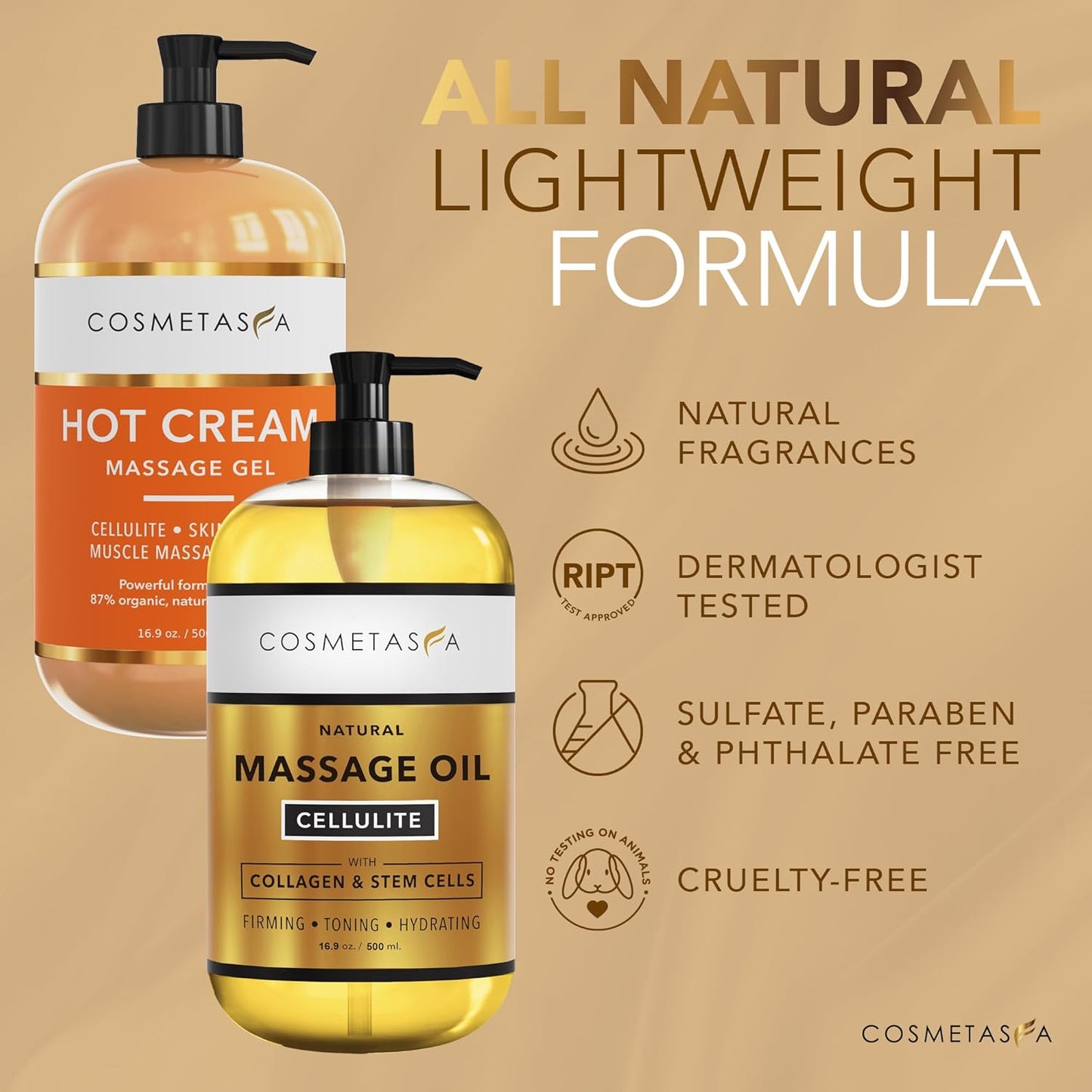 Cellulite Massage Oil & Hot Cream - 100% Natural Cellulite Oil & Gel, Highly Absorbable, Firm, Tone, Tighten & Moisturize Skin - Soothes Muscles (16.9 Fl Oz Each Bottle)-Velvo Beauty