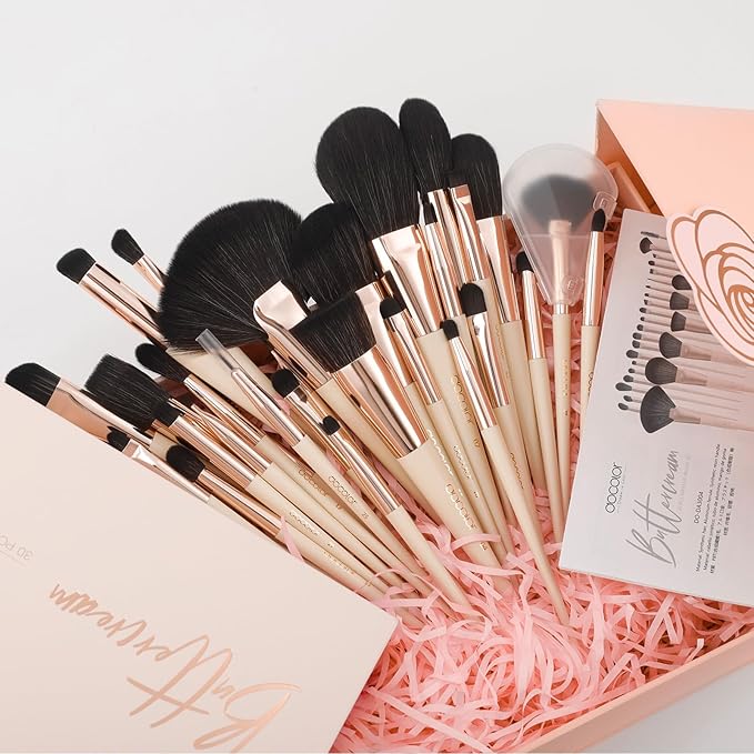 Docolor Makeup Brushes Set Professional 30Pcs Makeup Brushes Premium Synthetic Powder Kabuki Foundation Contour Blush Concealer Eye Shadow Blending Eyeliner Crease Eyebrow Make Up Brush Kit - Beige-Velvo Beauty