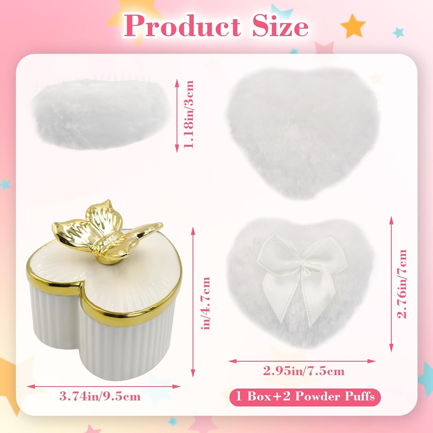 Large Body Powder Puff and Container, Ceramics Dusting Powder Container with 2 PCS Washable Heart Shaped Body Puff, Butterfly Dusting Case for Wet and Dry Makeup (White)-Velvo Beauty