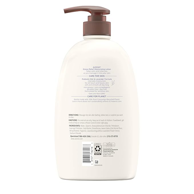 Aveeno Stress Relief Moisturizing Body Lotion 33 Fl Oz, Lavender Scent with Prebiotic Oat, Hydrating 24-Hour Moisturizer Non-Greasy for Dry Sensitive Skin, Paraben & Dye Free, Calming & Relaxing-Velvo Beauty