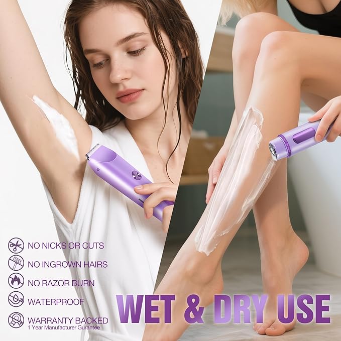 Bikini Trimmer for Women Electric Razors for Women Women's Electric Razor 2 in 1 Shaver Pubic Hair Trimmer Ipx7 Waterproof Wet Dry Use Bikini Shaver for Ladies Pubic, Legs, Face, Underarms (Purple)-Velvo Beauty