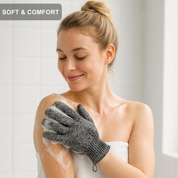 Exfoliating Gloves with Hanging Loop - 1 Pair Bamboo Charcoal Bath/Shower Gloves, Bath Gloves for Shower Exfoliating and Ingrown Hair/Dead Skin Remover - Bamboo Charcoal - Exfoliator Mitt Scrub Gloves-Velvo Beauty