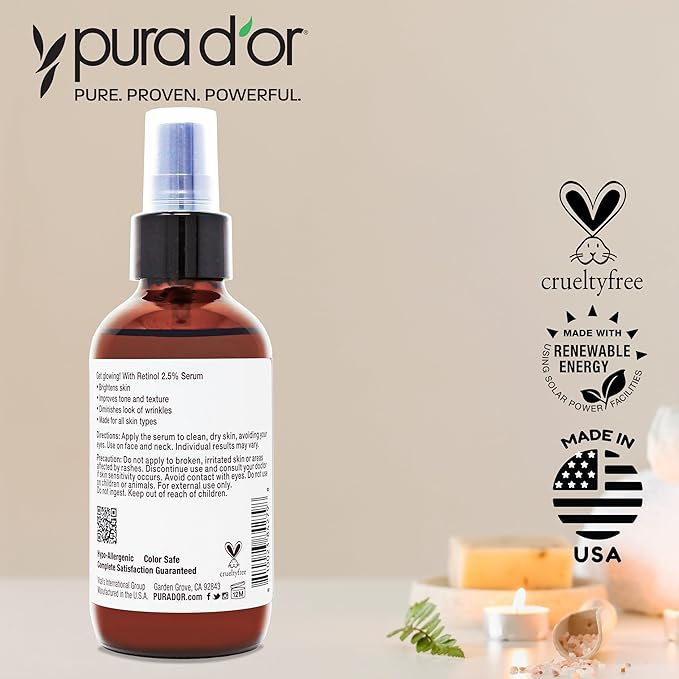 PURA D'OR 3.3 Oz Retinol Serum For Nighttime - Advanced PM Skin Care Formula - Anti-Aging Wrinkle Reducer for Radiant Skin - Natural Vitamin A & Collagen Booster - Fine Lines Treatment - Travel Size-Velvo Beauty