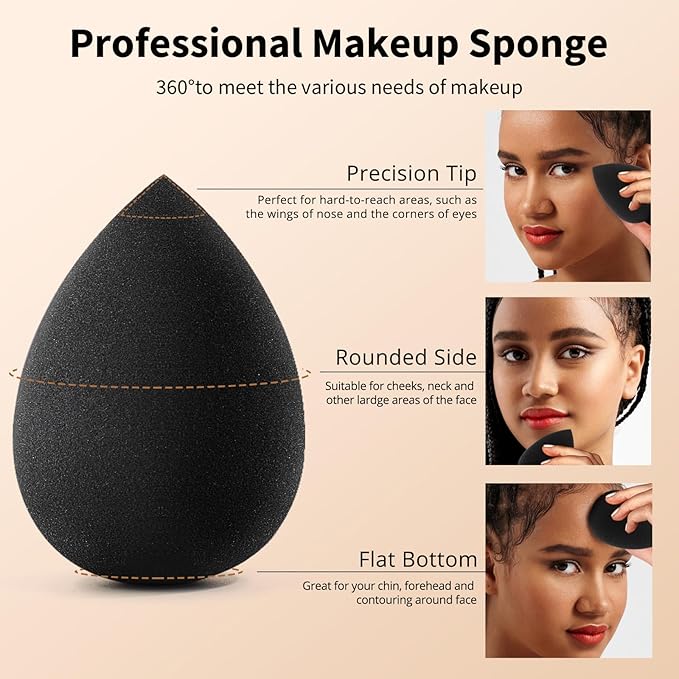 BEAKEY Makeup Sponge Set, 5 Pcs Foundation Blending Sponge, Beauty Sponges Flawless for Liquid, Cream, and Powder, Latex-Free and Vegan Boun Boun Sponges, Makeup Sponges Black-Velvo Beauty