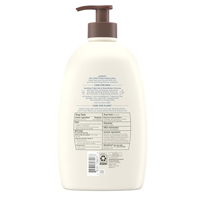 Aveeno Skin Relief Moisturizing Lotion for Very Dry, Itchy, Dry Skin, Body Moisturizer, Soothing Triple Oat & Shea Butter, Fragrance-Free, Non-Greasy, 33 fl oz-Velvo Beauty
