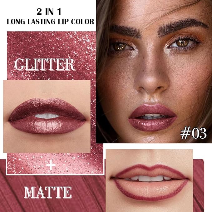 evpct Dark Wine Red Metallic Glitter Lip Liner and Lipstick Combo Lip Gloss Stain Set Makeup for Women Long Lasting Waterproof 24, Mauve Plum Frosted Metallic Shimmer Glossy iridescent Liquid Lipstick-Velvo Beauty