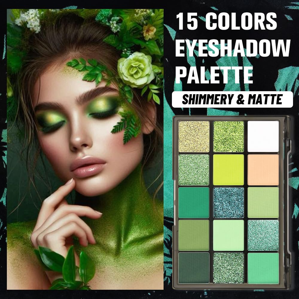 Smokey Green Eye Shadow Makeup Palette,15 Colors Bright Forest Emerald Dark Green Shimmer Matte Makeup Pallet,Long Lasting Waterproof for Daily and Halloween-Velvo Beauty