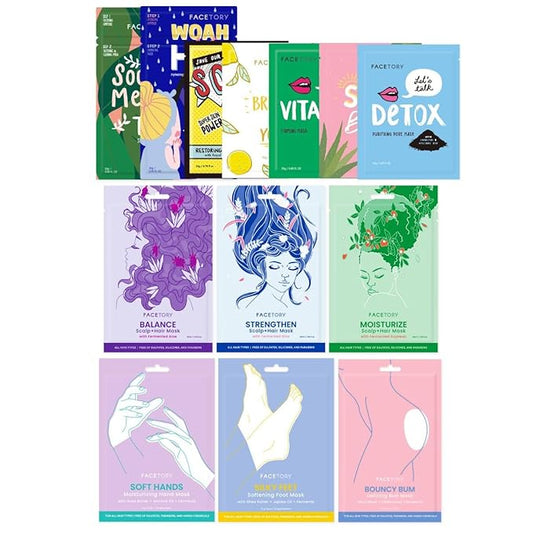 FACETORY Deluxe Self-Care Mask Bundle with 3 Nourishing Hair Masks, 7 Hydrating Face Sheet Masks, and 3 Softening Body Masks for Dry, Cracked Skin-Velvo Beauty