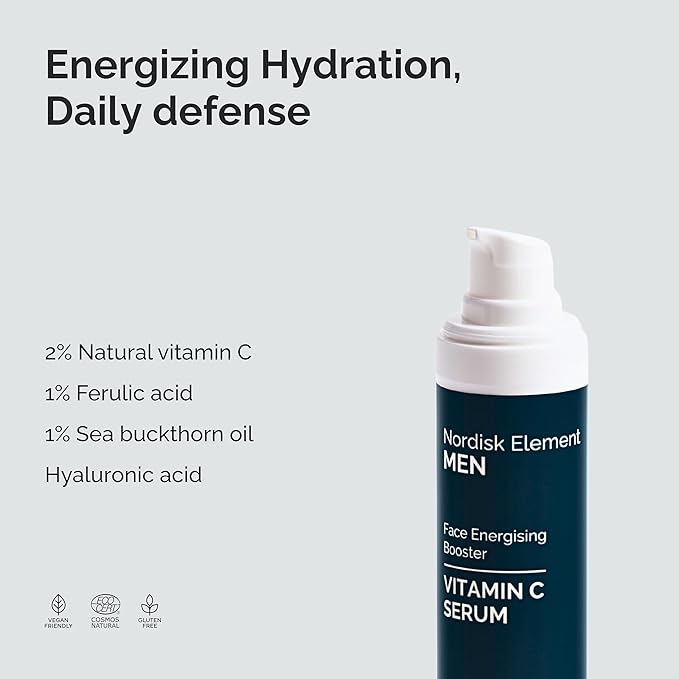 Nordisk Element Vitamin C Face Serum for Men, Anti-aging formula, Improve Appearance of Dark Spots, Tone, Fine Lines & Wrinkles, with Natural Vitamin C & Hyaluronic Acid, 1 Fl Oz-Velvo Beauty
