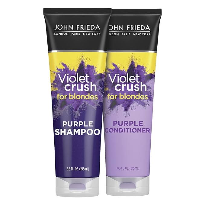 John Frieda Violet Crush Purple Shampoo and Conditioner Set for Blonde Hair, Neutralizes Yellow Tones for Bleached, Blonde, and Platinum Hair, 8.3 Oz, Pack of 2-Velvo Beauty