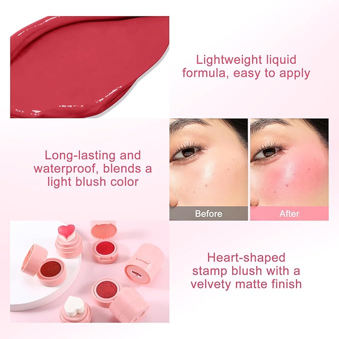 Boobeen Liquid Blush for Cheeks, Buildable & Blendable Face Blusher, Cheek Stamp Blush with Heart-shaped Applicator, Lightweight Air Cushion Blush for Velvet Matte Finish-Velvo Beauty