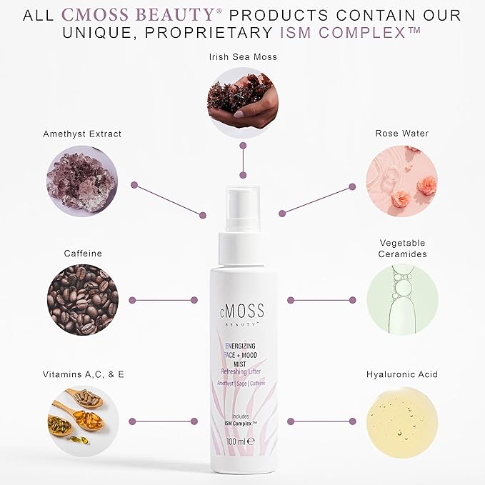 Sea Moss Infused Face and Mood Lifting Mist with Real Amethyst, Caffeine, Sage, and Hyaluronic Acid to Tighten, Brighten Skin and Calm Emotions-Velvo Beauty
